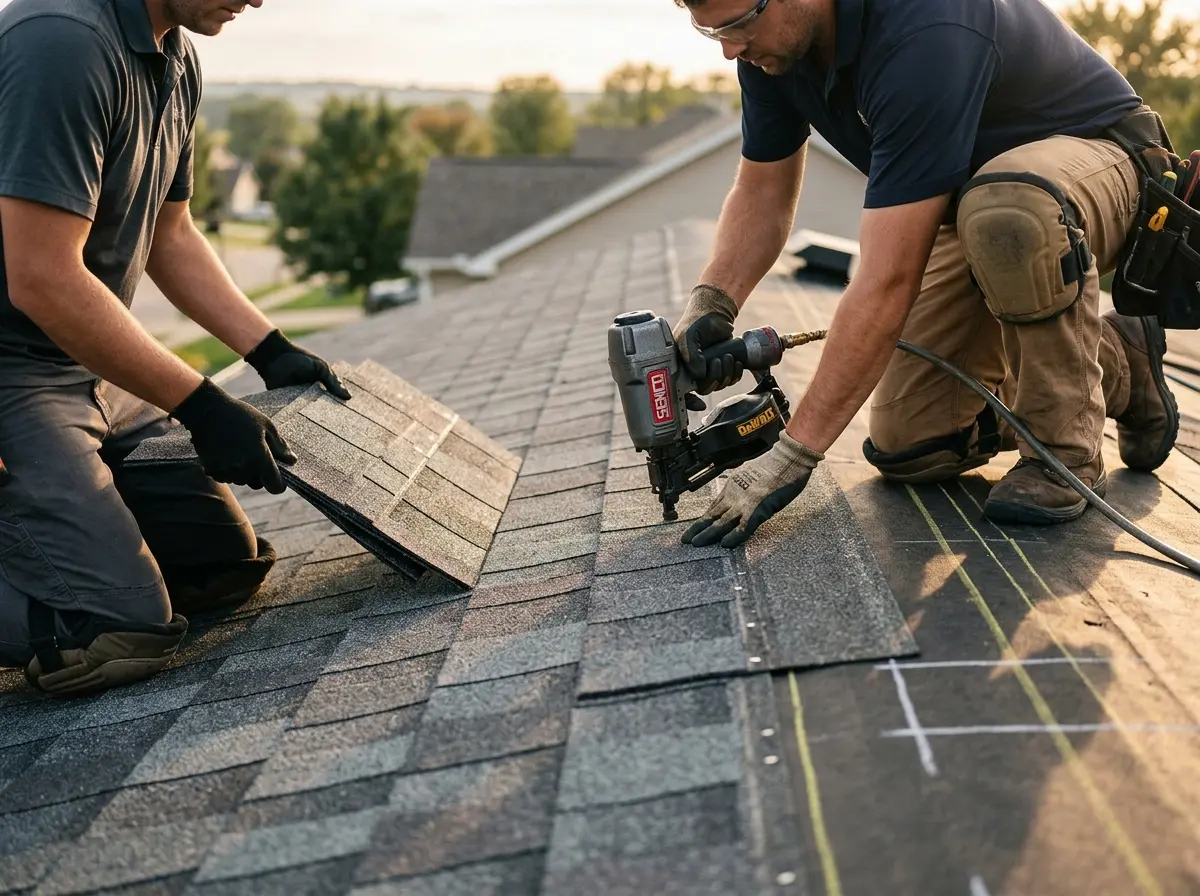 Professional roofer working on a residential roof in Farragut